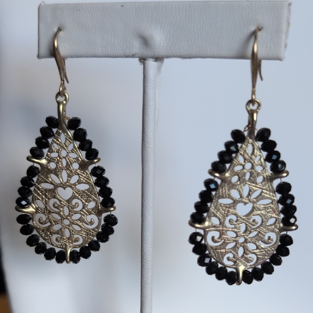 Gold Filigree & Black Crystal Earrings